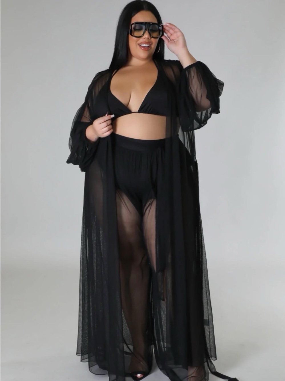 Black Sheer Mesh Long Robe Cover-Up - Women Intimates